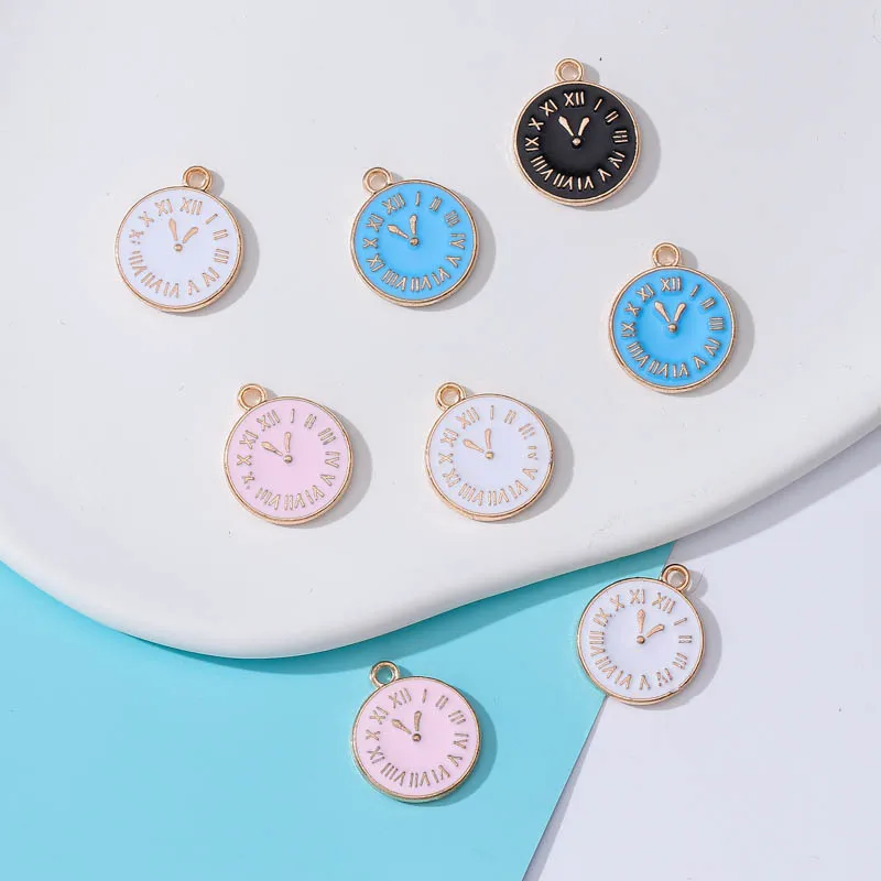 

20pcs 15*17mm Enamel Round Clock Charm Pendant Jewelry Making Craft Wholesale Bracelet Necklace Key Chain Zinc Alloy Accessories