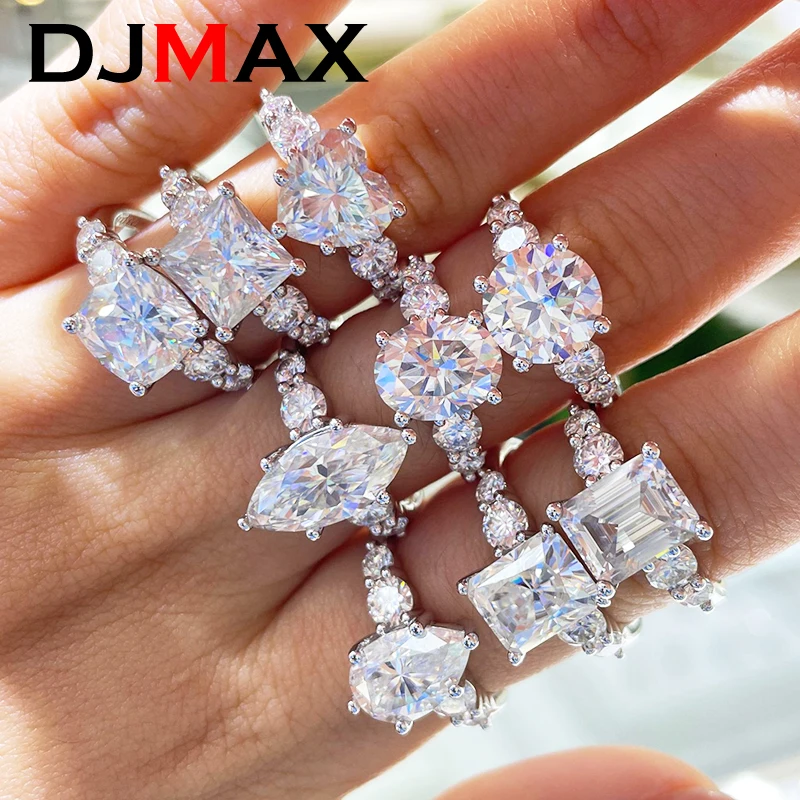 DJMAX 3ct Main Stone Full Moissanite Diamond Rings Top Quality Original 925 Sterling Silver Emerald Radiant Heart Diamond Rings