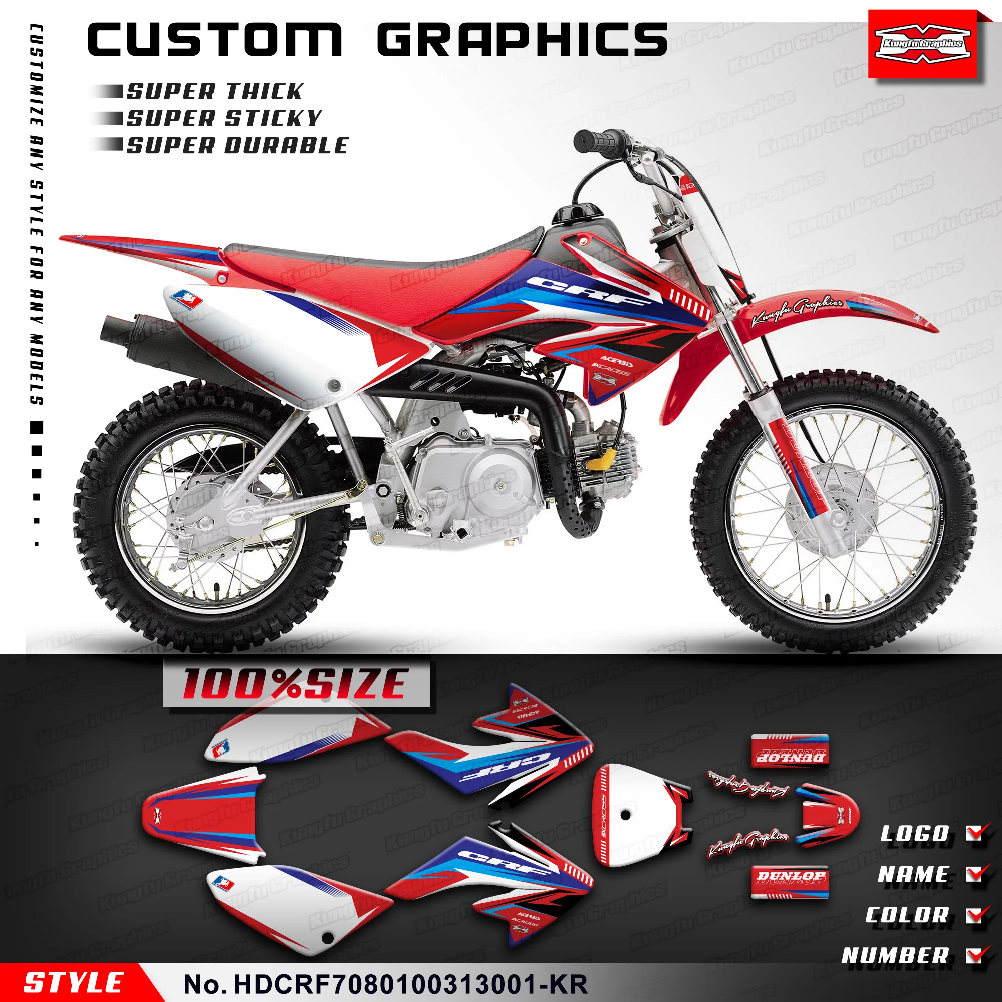 

KUNGFU GRAPHICS Motorcycle Decals Vinyl Wrap for Honda CRF 70 2003-2013 & CRF 80 100 2004-2010, HDCRF7080100313001-KR