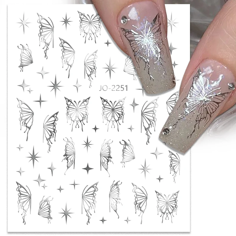 Silver Metal Butterfly 3D Nail Stickers Golden Star Moon Adhesive Sliders Glitter Nail Art Decal Manicure Decoration