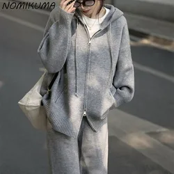 Nomikuma Causal Korean Knitted Two Pieces Autumn Winter Sets Solid Hooded Sweater Coat + High Waist Wide Leg Long Pants 2023