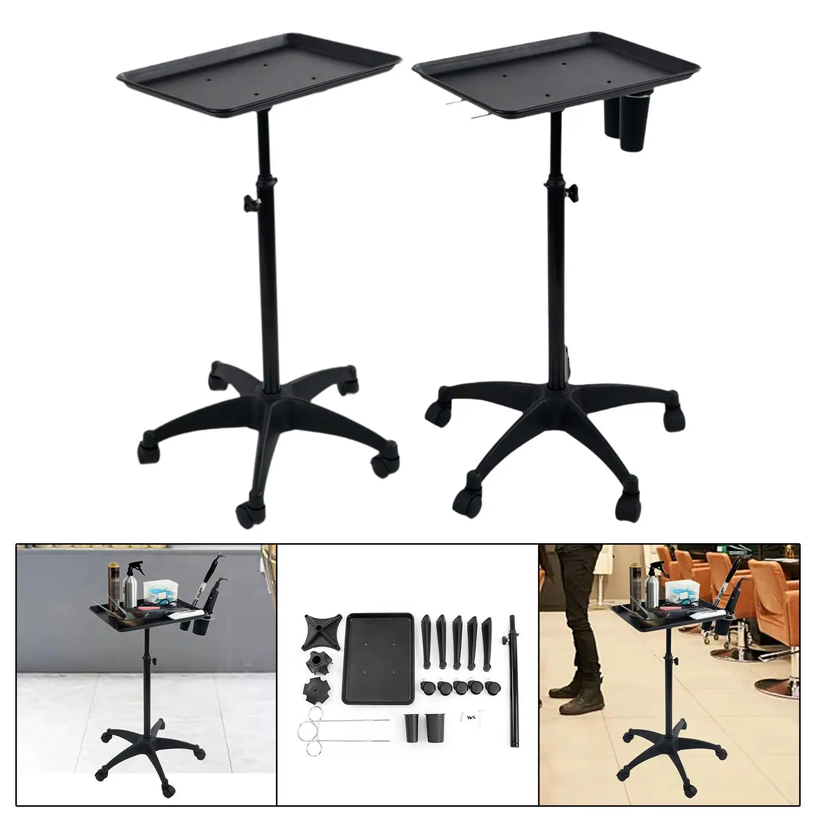Mobile Barber Shop Trolley Cart with Steel Storage Tray Adjustable Height for Hair Salon Tools Beauty Equipment Rolling Rack