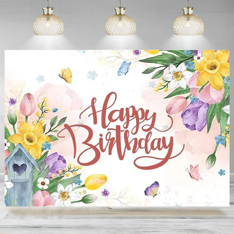 Birthday Backdrop Spring Wildflower Photographic  Colorful Flower Floral Butterfly Tulip Garden Party Background Banner Decor