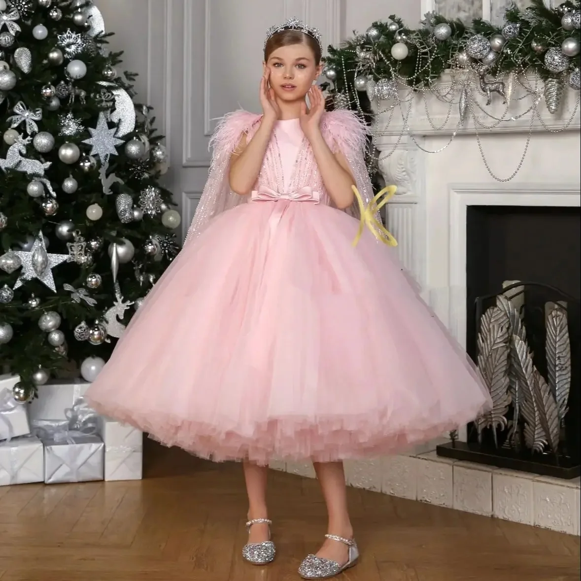 

Custom Flower Girl Dress Wedding Gown Birthday Party Pageant Feather Cape Tulle Ball Gown With Bow For Girls فساتين اطفال