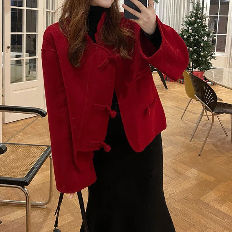 

New Chinese style red Christmas woolen coat femininity celebrity high-end New Year's robe woolen outside