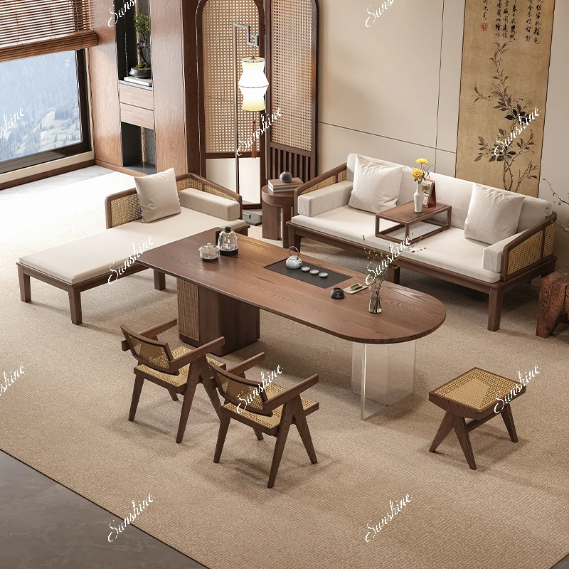 

New Chinese solid wood living room Luohan bed tea table and chair combination