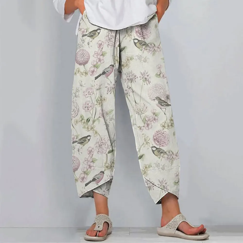 Women's Plus-size Elastic Belt Nine-point Pants Women's Fashion Japanese Home Casual Pants Vintage Hydrangea Print Pocket Pants