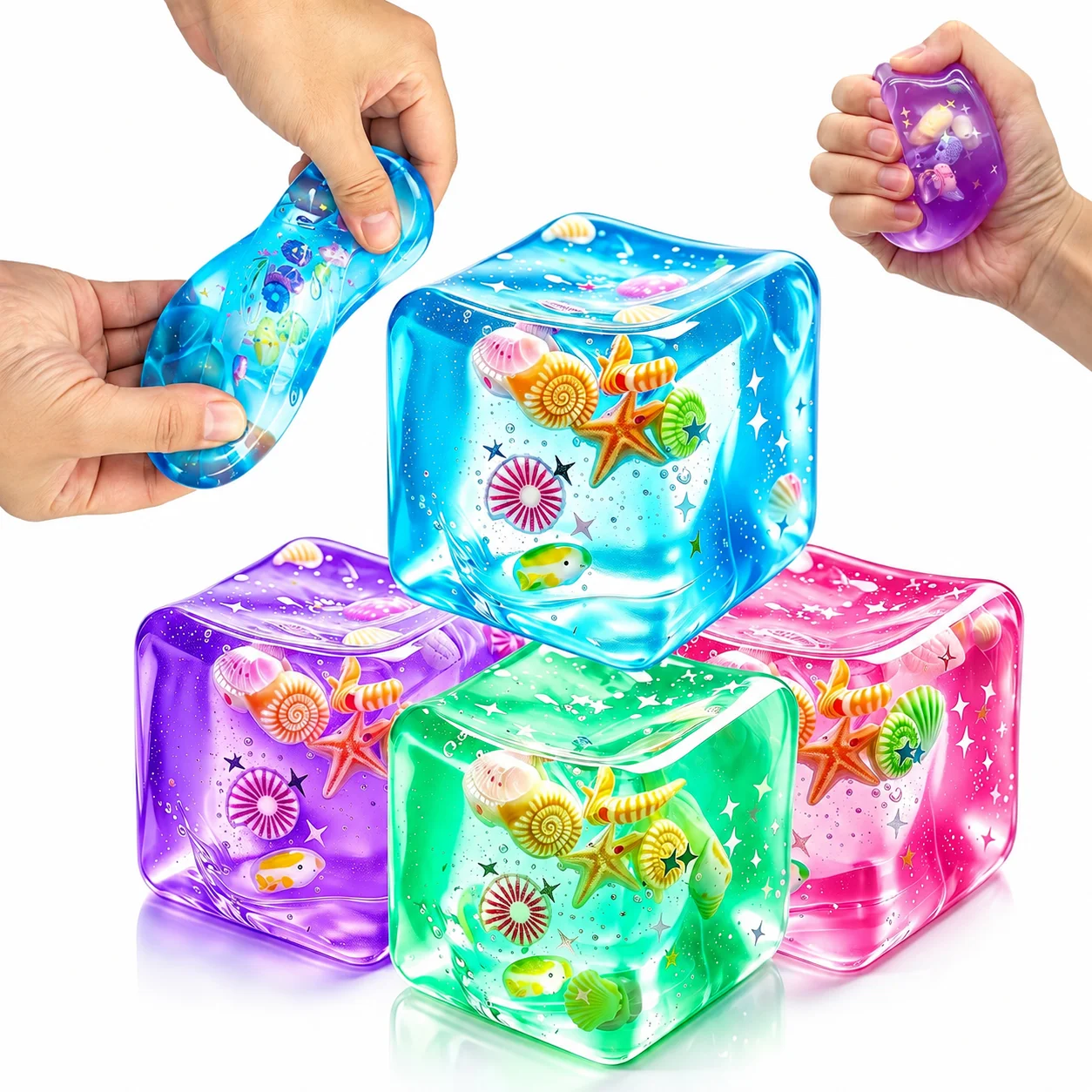 4PCS Ocean Stress Relief Squishy Toy Sea Cube Squeeze Sensory Fidget Toy Soft Gel Stress Ball for Kids Adults Anxiety Relief