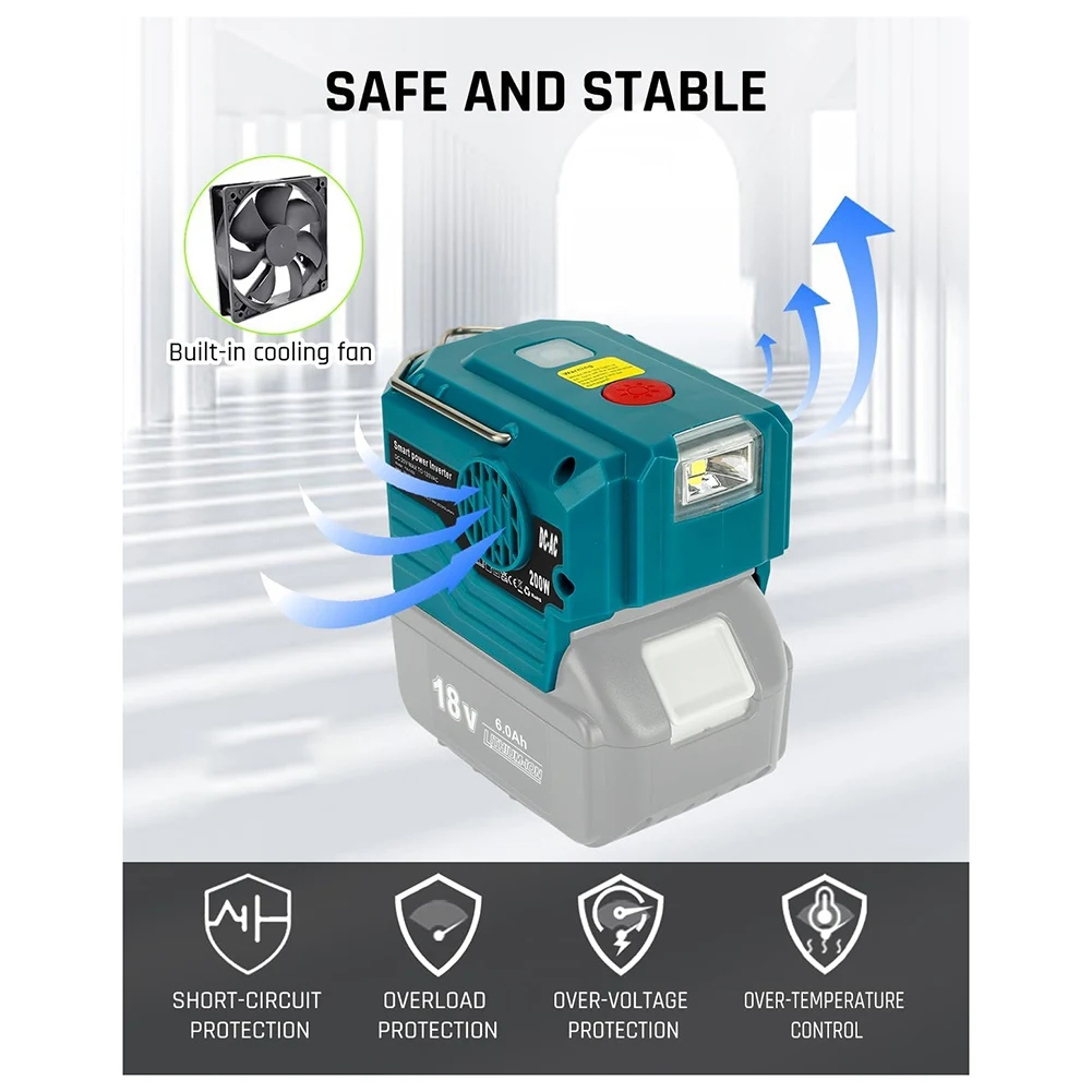 Inverter Daya Baterai Li 200W untuk 18V Ke AC 120V, Inverter Catu Daya dengan Lampu Kerja LED, Output USB Tipe C Tahan Lama