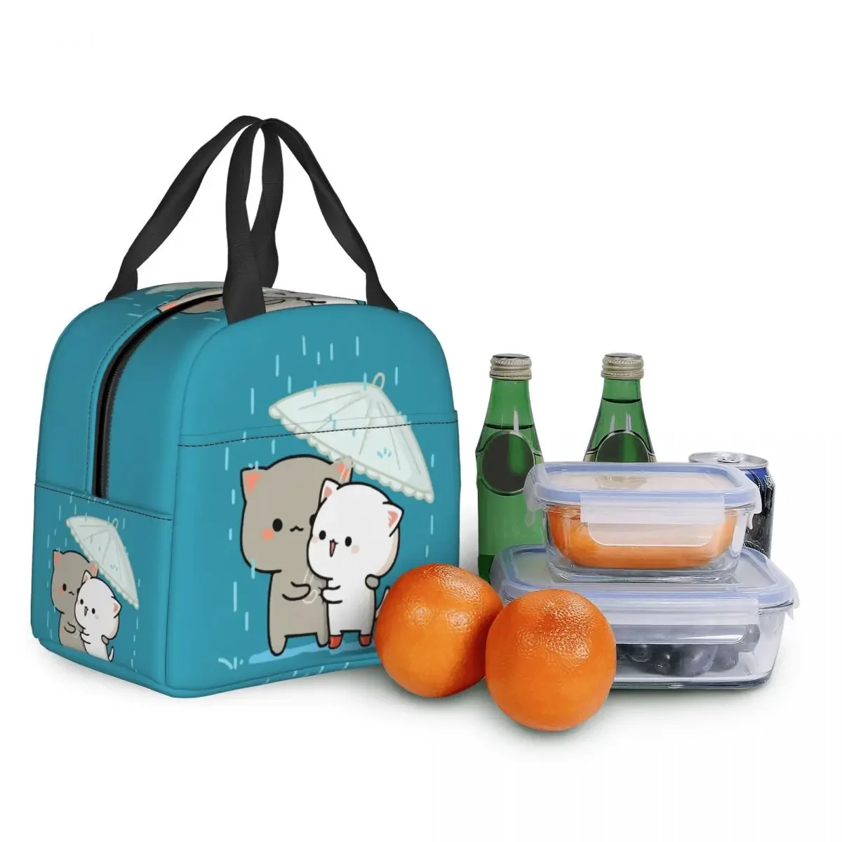 Peach And Goma Mochi Cat Lunch Bag for Camping Travel Waterproof Insulated Thermal Cooler Lunch Box For Women Kids Schoool Food