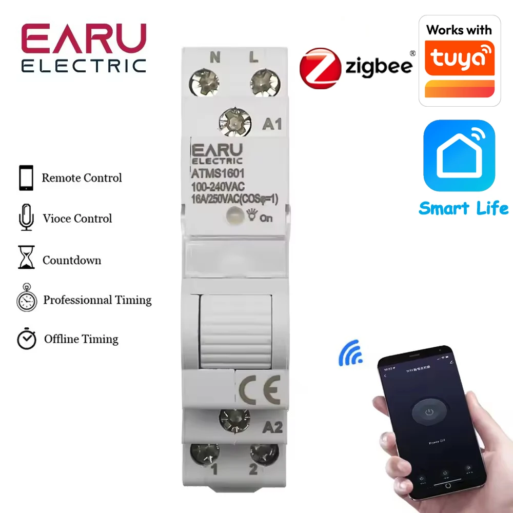 AC 110V 220V 16A Single Phase 18MM Mimi Din Rail 35mm Zigbee WIFI Smart Timer Relay Switch Breaker Remote Control by Tuya APP