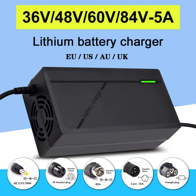 Cargador inteligente de batería de iones de litio, 36V, 48V, 60V, 72V, 5A, 10S, 13S, 16S, 20S, 42V, 54,6 V, 67,2 V, 84V, 5A, carga rápida para EE. UU./UE/AU/Reino Unido enchufe