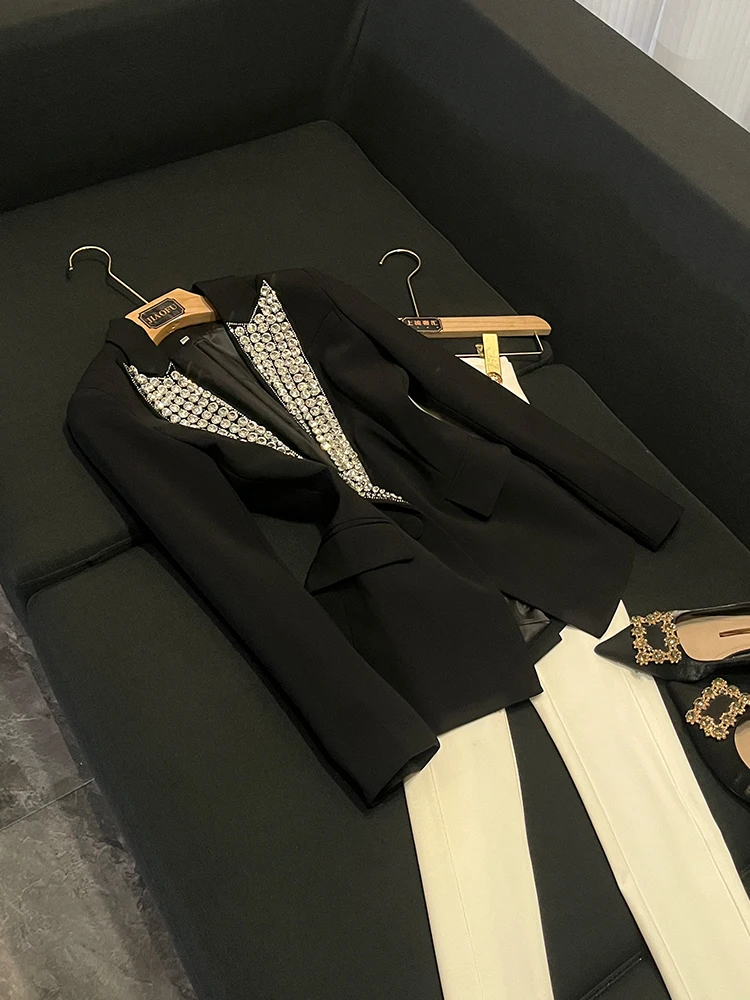 Heavy Embellied Diamond Single Button Jaet Sli Commute Wind Damen Long Sve Anzug Jaet Faionable Celebri