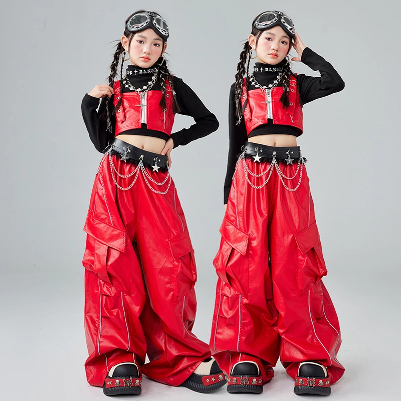 

Red Jazz Dance Clothes Girls Kpop Stage Outfit Kids Show Performance Suit Crop Top Loose Pants Hip Hop Street Dance Costume 3107