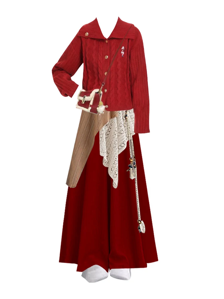Capodanno Rosso Cisas Cardigan lavorato a maglia casual n Tenda Gonna lunga Pantaloni a vita alta Set di pezzi di maglietta Inverno Faion Wo...