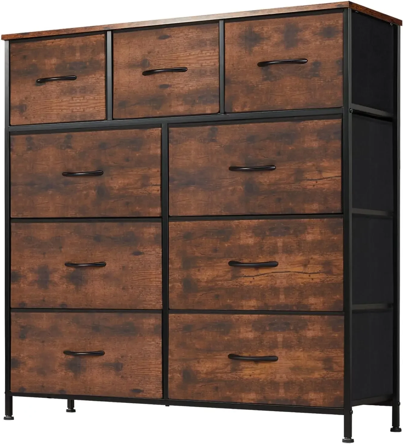 Dresser for Bedroom, Storage Organizer with 9 Drawers, Chest of Drawers with Fabric Bins, Sturdy Metal Frame, Wood Tableto