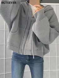 BGTEEVER Autumn Winter Hooded Loose Open Stitch Sweaters Women Full Sleeve Zippers Loose Female Knitted Cardigans Coats 2022