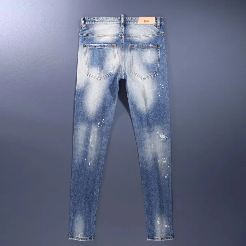 

Y2K Street Designer Fashion Men Jeans Retro Light Blue Stretch Slim Fit Hole Patched Ripped Jeans Men Brand Vintage Denim Pants