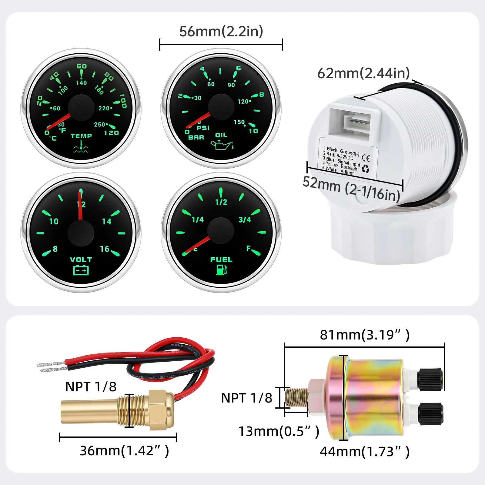 4 Gauges Set Oil Pressure Gauge Fuel Level Gauge Water Temp Meter Voltage With Sensors For Marine Boat Yacht Car Universal view 6