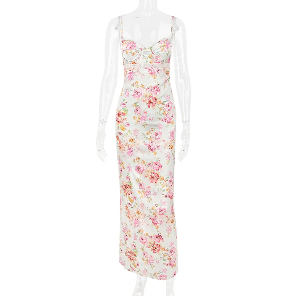 Fashionable European Style Women's Floral Printed Dress Sexy Open-Back Tank Dress Summer New 2025 Slimming Effective Silhouette
