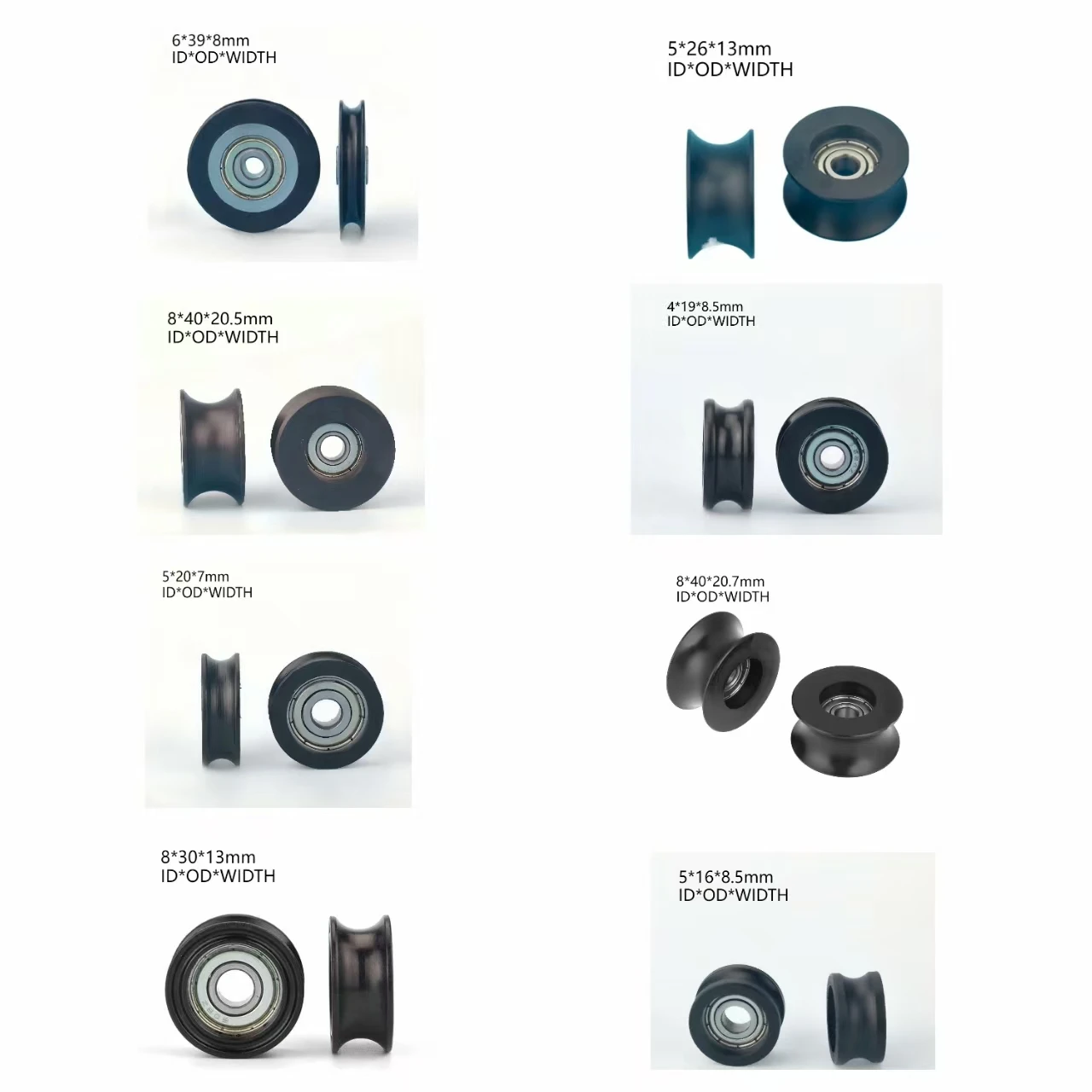 8 Sizes Nylon/POM Groove Pulley Wheels(4-8mm Inner Dia,13-40mm Outer Dia)-Embedded Bearing,U-Groove, for Track/Transmission