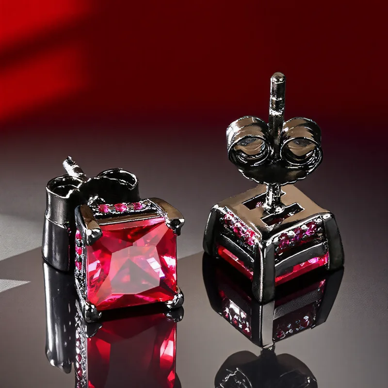 Red Crystal Square Stone Hip Hop Earring Vintage Black Gold Silver Color Earrings For Women Men Wedding Studs Engagement Jewelry