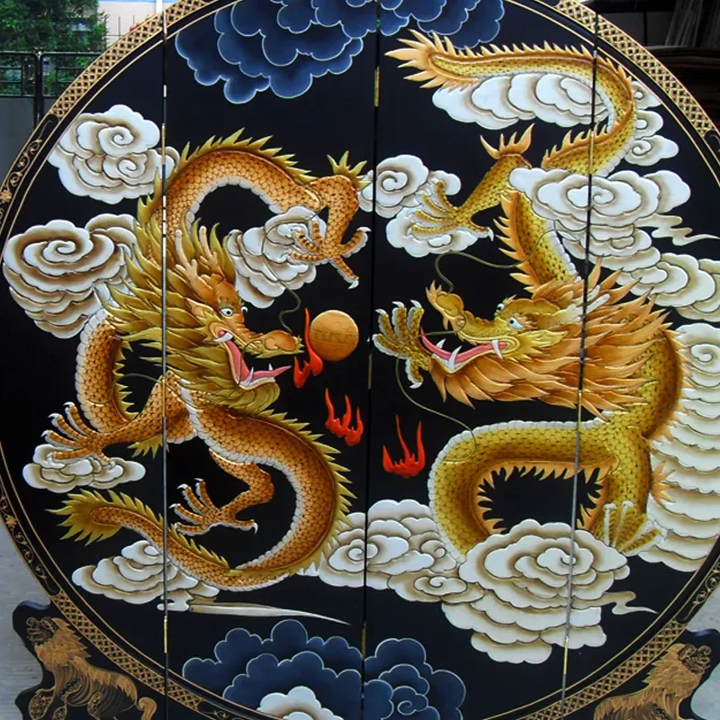 Round Four Panel Hand Painted Golden Dragon Screen Ming Qing Style Classical Chinese Furniture Lion Hydrangea Home Decor