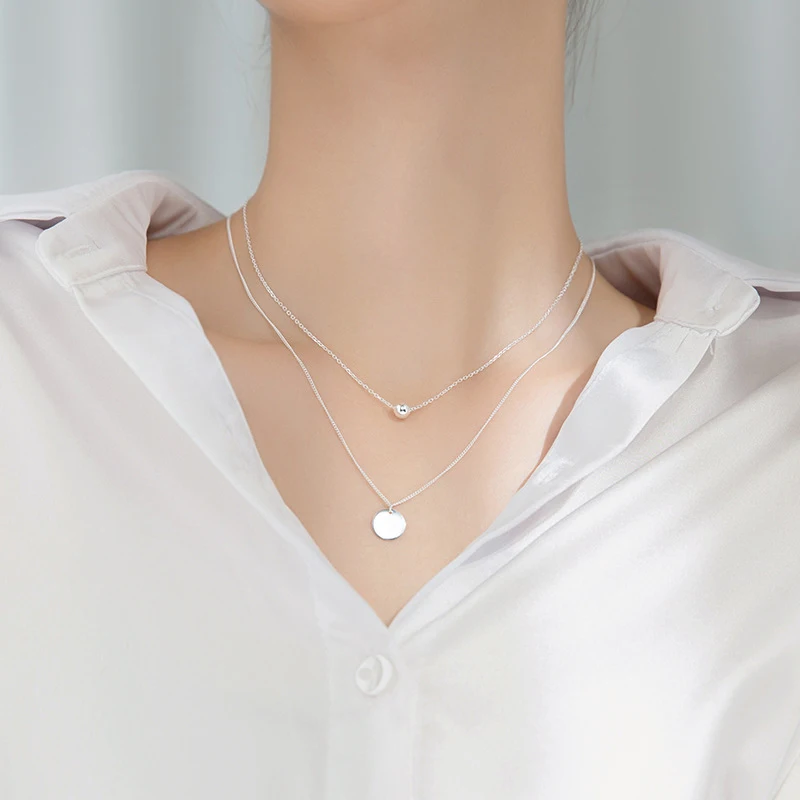 Modian Simple Design Beads Ball Coin 925 Sterling Silver Pendant for Women Girl Double Layer Basic Chain Necklace Fine Jewelry