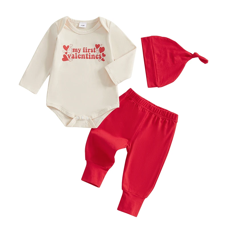 Baby Girls 3PCS Pants Sets Long Sleeve O Neck Letter Heart Print Romper Solid Color Pants Hat Sets