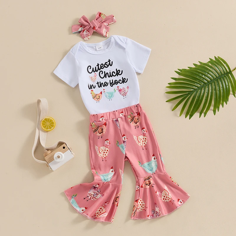 

BULINGNA Newborn Baby Girl Farm Outfits Short Sleeve Chick Shirt Romper Flare Pants Headband 3pcs Baby Girl Summer Clothes