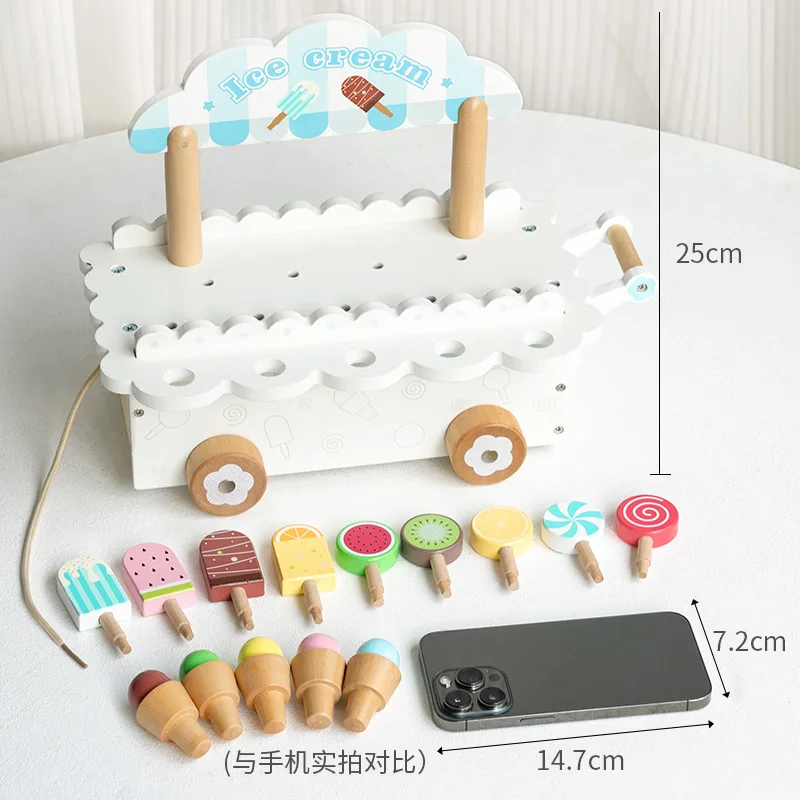 Carrinho de sorvete realista, brinquedo de simulação, conjunto de loja de dramatização infantil com picolés e cones, carrinho interativo educacional para crianças pequenas