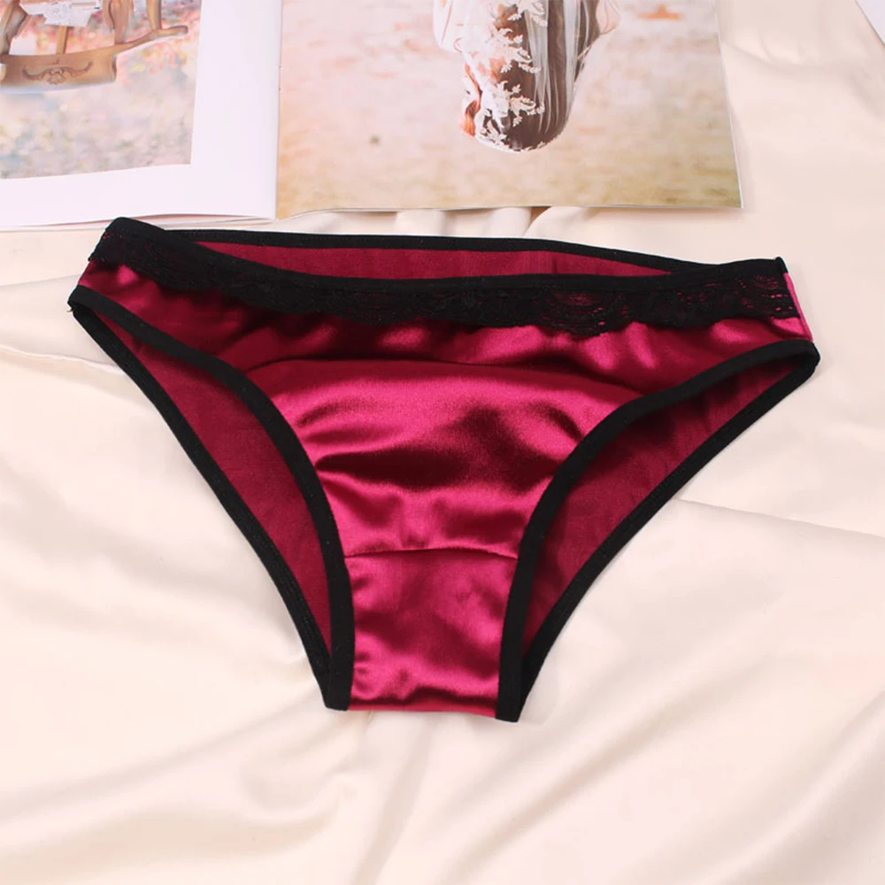 Women Smooth Satin Briefs Lace Border Panties Comfortable Soft Underpants Ice Silk Breathable Thong Knickers Low Rise Underwear