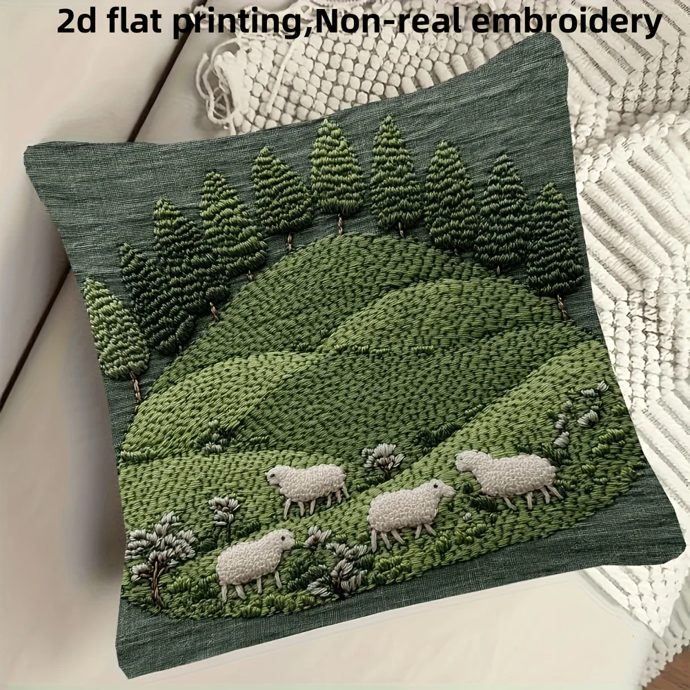 1pc Rustic Forest Sheep Landscape Throw Pillow Cover, Farmhouse Country Style Square Cushion Case for Home Decor