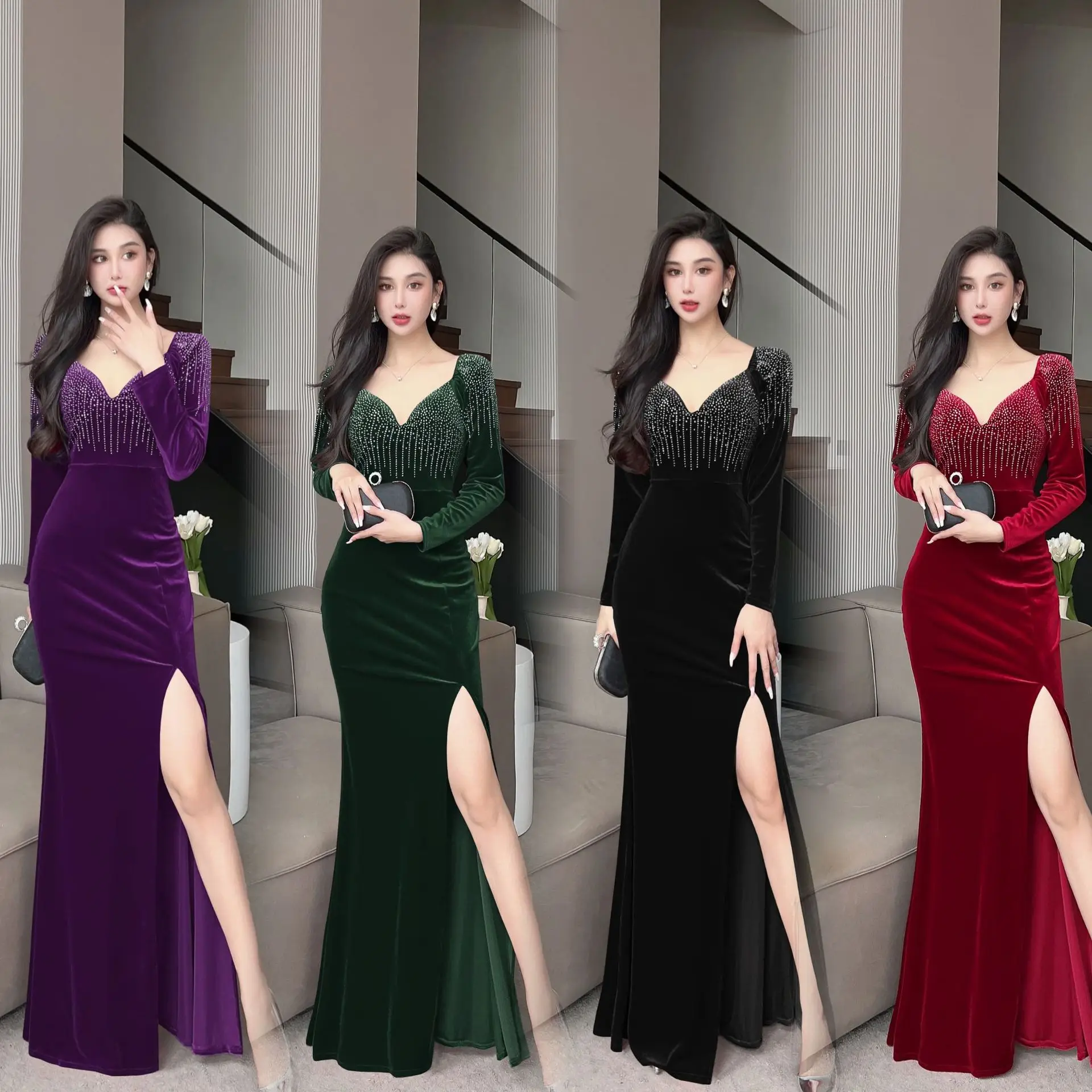 Sexy Banquet Style Long Sleeve V Neck Fishtail High end Golden Velvet Dress Luxury Annual Meeting Party Maxi Evening Dress