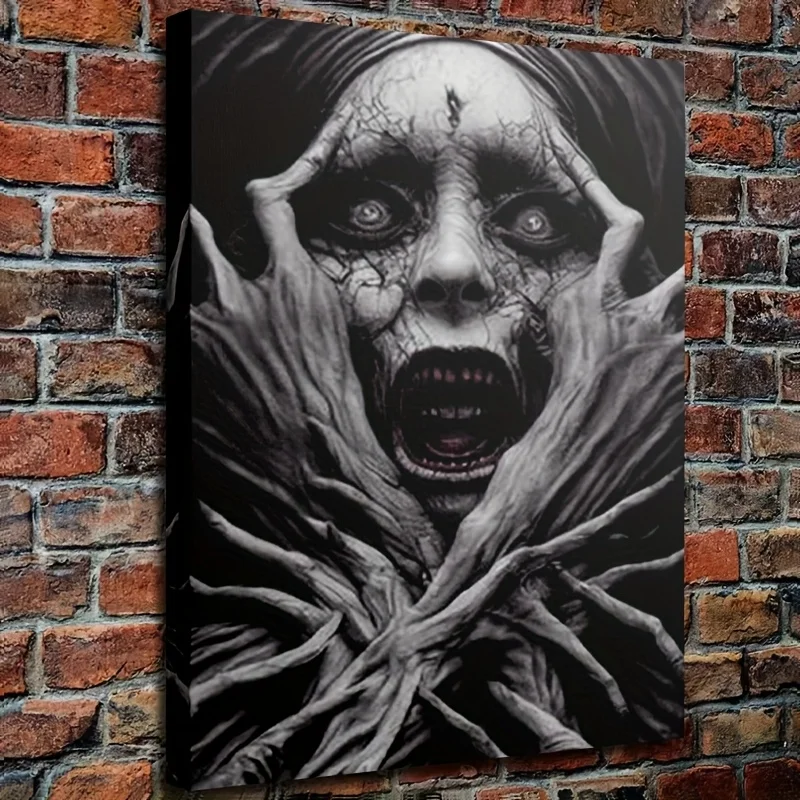 

Frameless Canvas Painting - Eerie Distorted Face & Creepy Hands Horror Art, Surrealist Gothic Wall Decor for Halloween Display