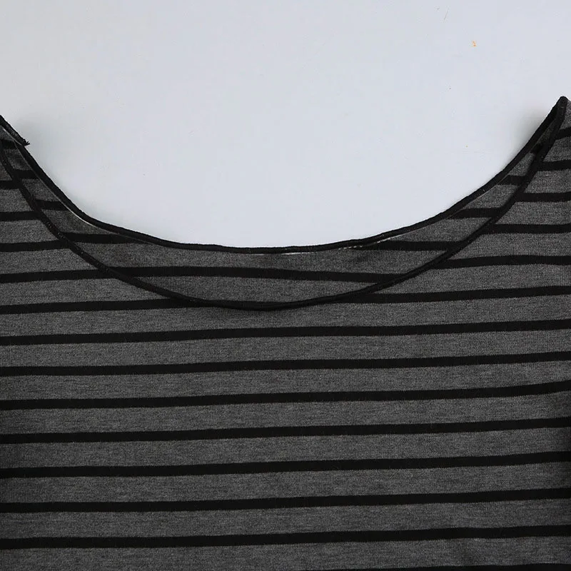 Damen Harajuku Basic Slim Fit Langarm-Streifent-Shirt mit Schulterfreiem O-Ausschnitt im Koreanischen Street-Style Graues T-Shirt für Frühling und Herbst Y2 – Detail 15