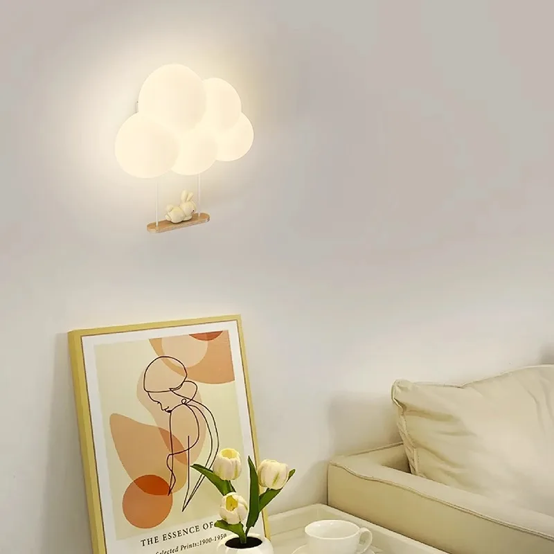 Lámpara de pared de animales de dibujos animados de mono, candelabro de nube blanca, luz de noche para guardería, dormitorio de niños, lámpara de