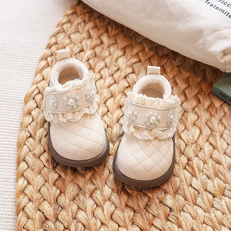 

Baby Leather Shoes Sweet Lace Toddler Princess Shoes Suede Warm 2025 Winter Girls Flat Shoes Soft Bottom Non-slip Korean Style