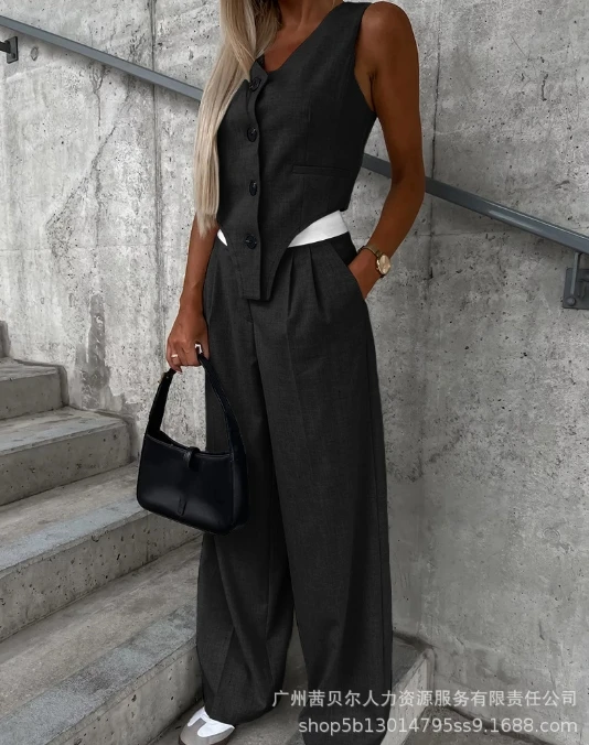 Summer Two Piece Set for Women 2024 Fashion Sleeveless Striped Vest Blazer Top and Ruched Wide Pants Set Street Office Suit