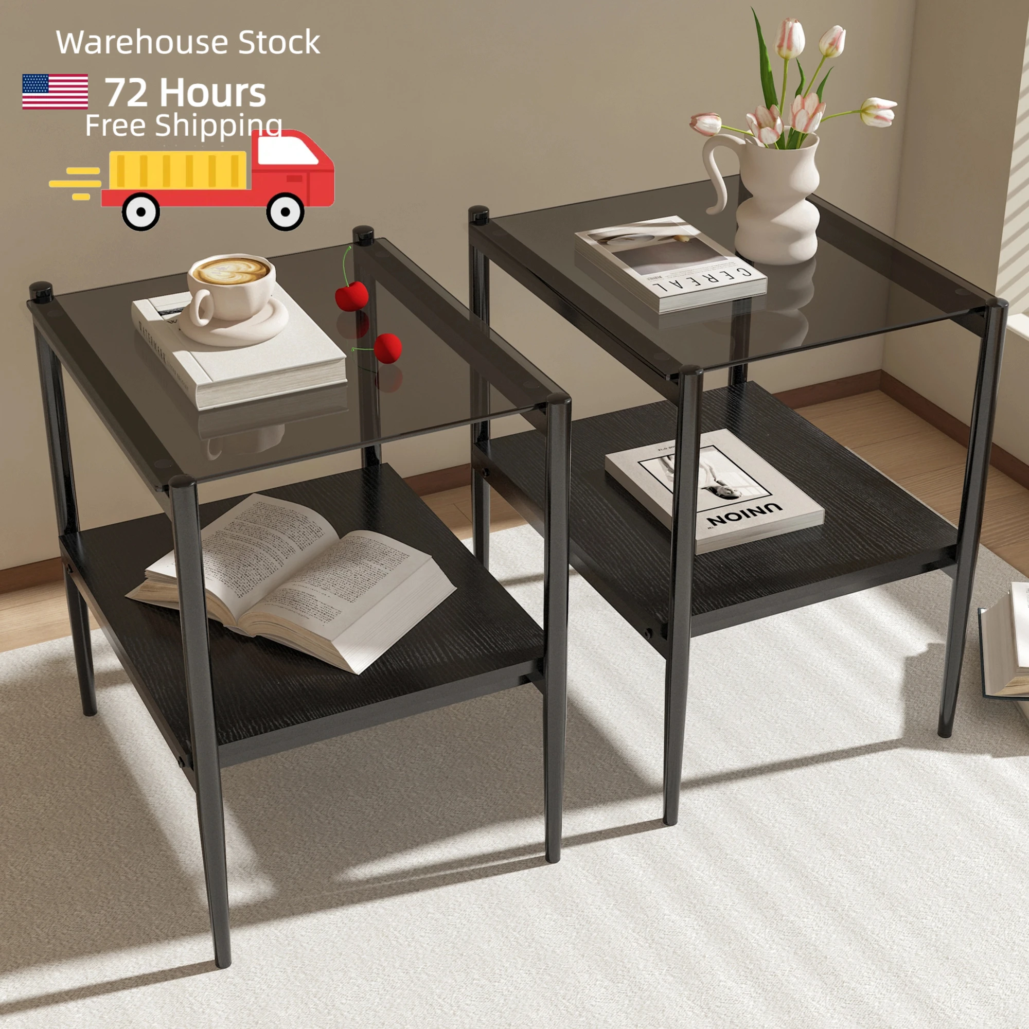 

Набор из 2-х современных приставок, двухслойный столик из закаленного стекла, черный и черный приставной столик для гостиной