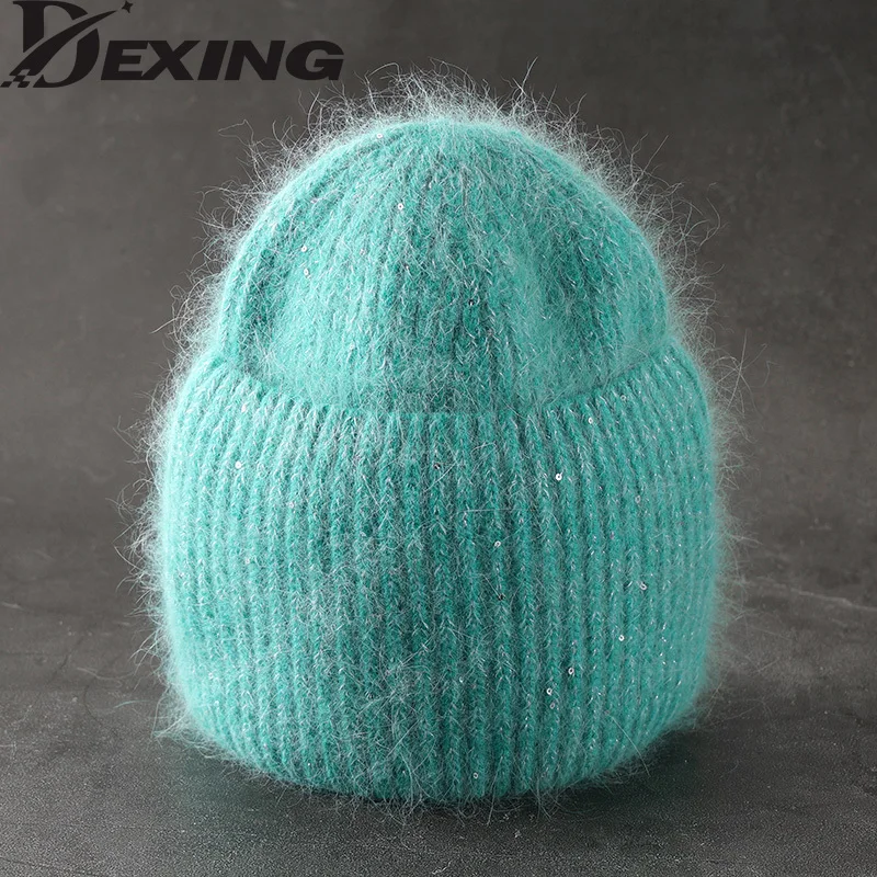 2022 Rabbit Fur Warm Knit Beanie Women Winter Hats Sequins Bling Thick Knitted Skullies Beanies for Woman Gorros Female Cap