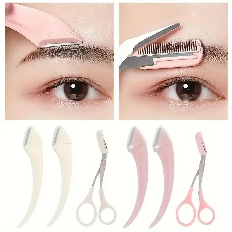 3-teiliges Augenbrauentrimmer-Set, gebogener Augenbrauenrasierer, Augenbrauenschere mit Kamm, praktische, einfache Schönheitswerkzeuge für Anfänger und Frauen