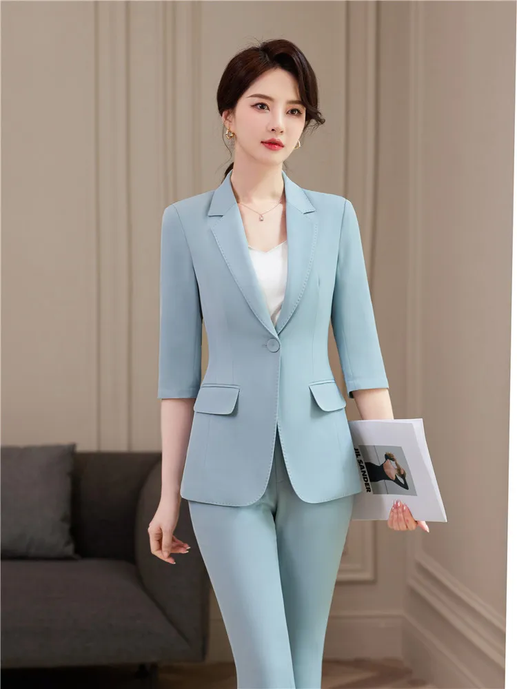 Women\'s Office Suit Blazer Pantsuit Simple Solid Color Suit Collar Blue Half Sleeve Top Flare Trousers Fashion 2 Piece Set