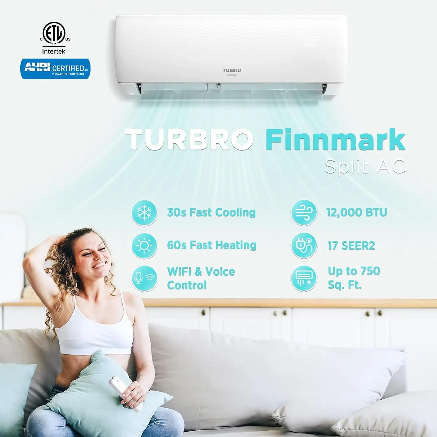 Mini inversor dividido sin conductos 12.000 BTU AC con bomba de calor, 17 SEER2, 230V, habilitado para WiFi, se enfria hasta 750 pies cuadrados, serie Finnmark