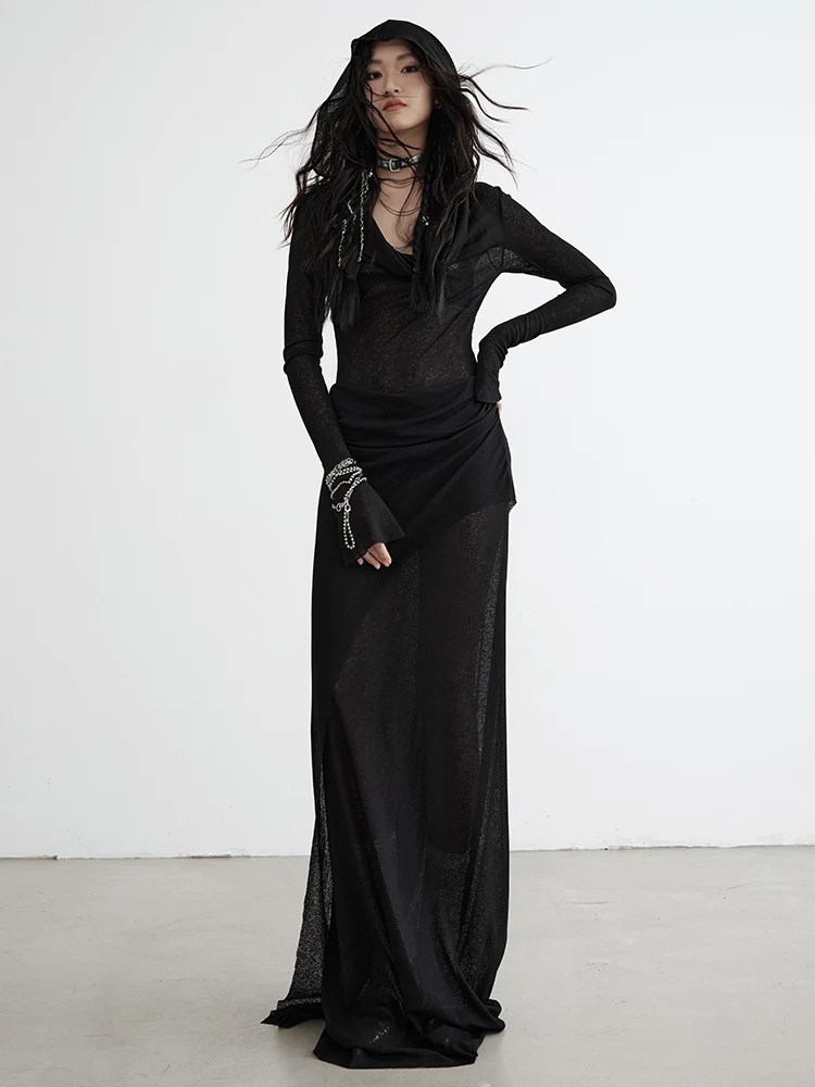 فستان نسائي أنيق بأغطية رأس وحياكة ، فستان منظور رفيع ، أكمام طويلة ، أسود ، موضة المد والجزر ، الربيع ، الخريف ، جديد ، 1DH7218 #2