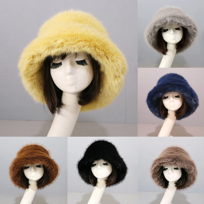 

1PC Winter Women Faux Fur Bucket Hat Fox Rabbit Fluffy Thickened Warm Plush Men Fishing Cap Outdoor Vacation Ear Protection Hats