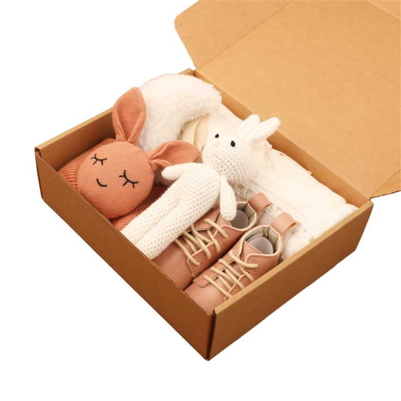 

6Pcs/Set Newborn Shower Gift 125*125cm Cotton Blanket + Knitted Romper + Baby Soothing Towel + Crochet Rabbit Rattle + Shoe