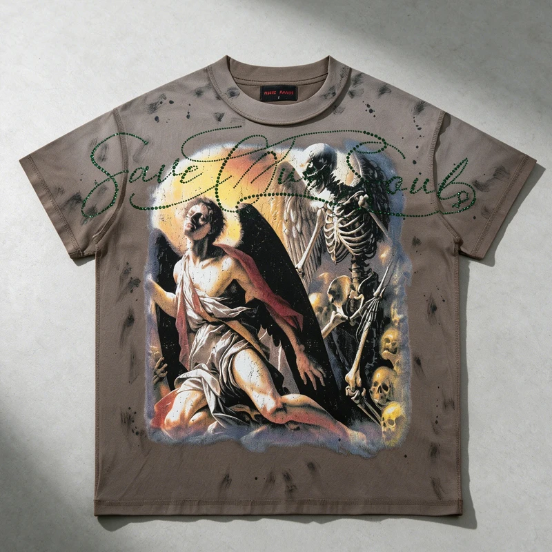 2026 Retro Style Rare Peace T-shirt Men Women Loose Rhinestone Embellishments Hip Hop Short Sleeve T-shirts