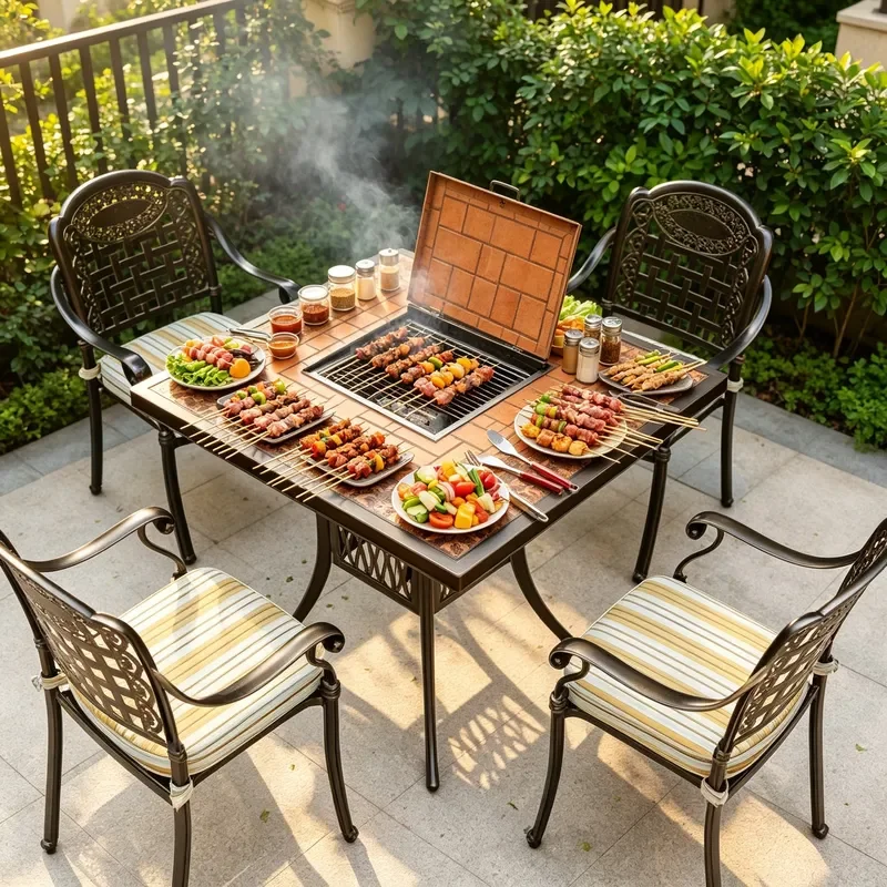 Outdoor Cast Aluminum Square BBQ Table and Chairs Set Retro Tile Parquet Tabletop Dual Purpose Barbecue Net Dining Furniture