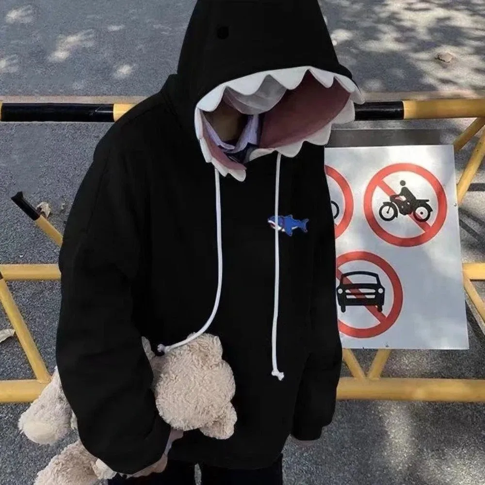 

Long Sleeve Fleece Shark Hoodies Pullover Top Coat Hooded Sweatshirts Loose Casual Shark Hat Sweater School Student